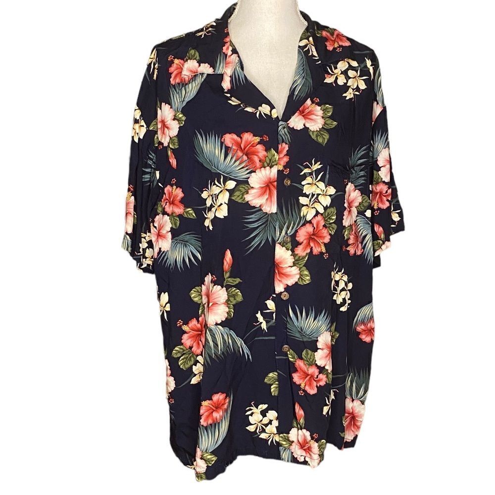 IOLANI Hibiscus Men Lg Blue Hawaiian Aloha Floral Button Up Rayon Vintage Shirt